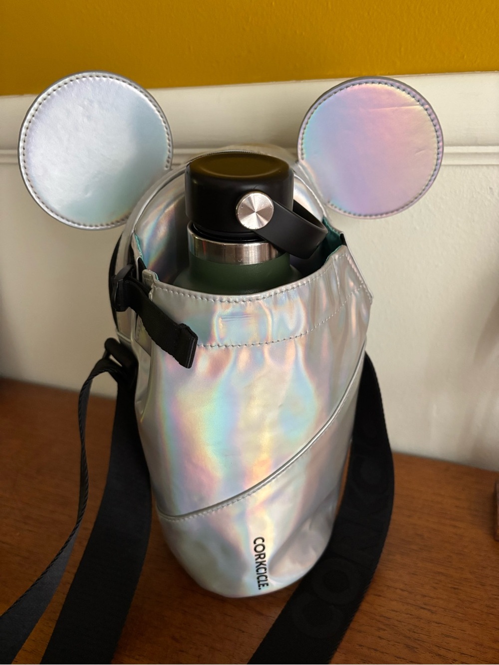 Disney x Corksicle irridescent metallic bag with water bottle compartment